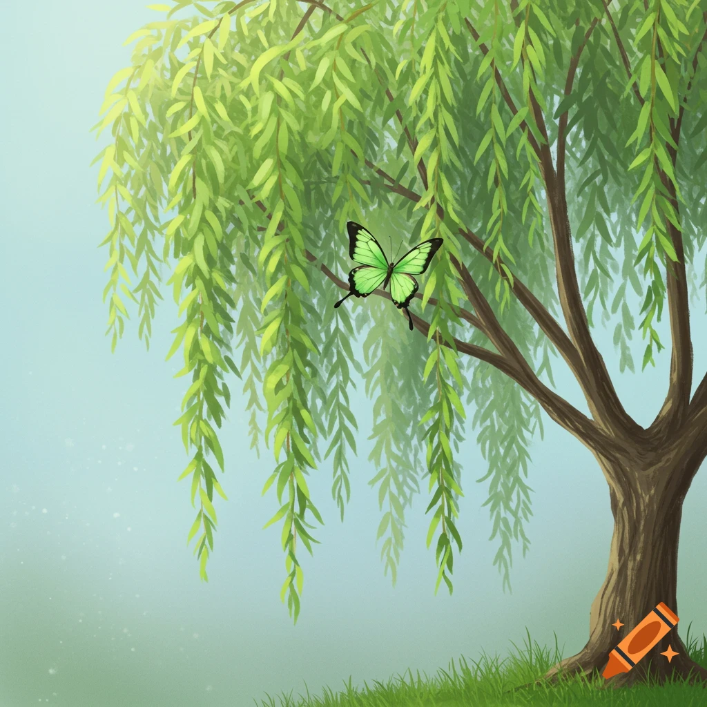 a willow tree with a green butterfly on a branch