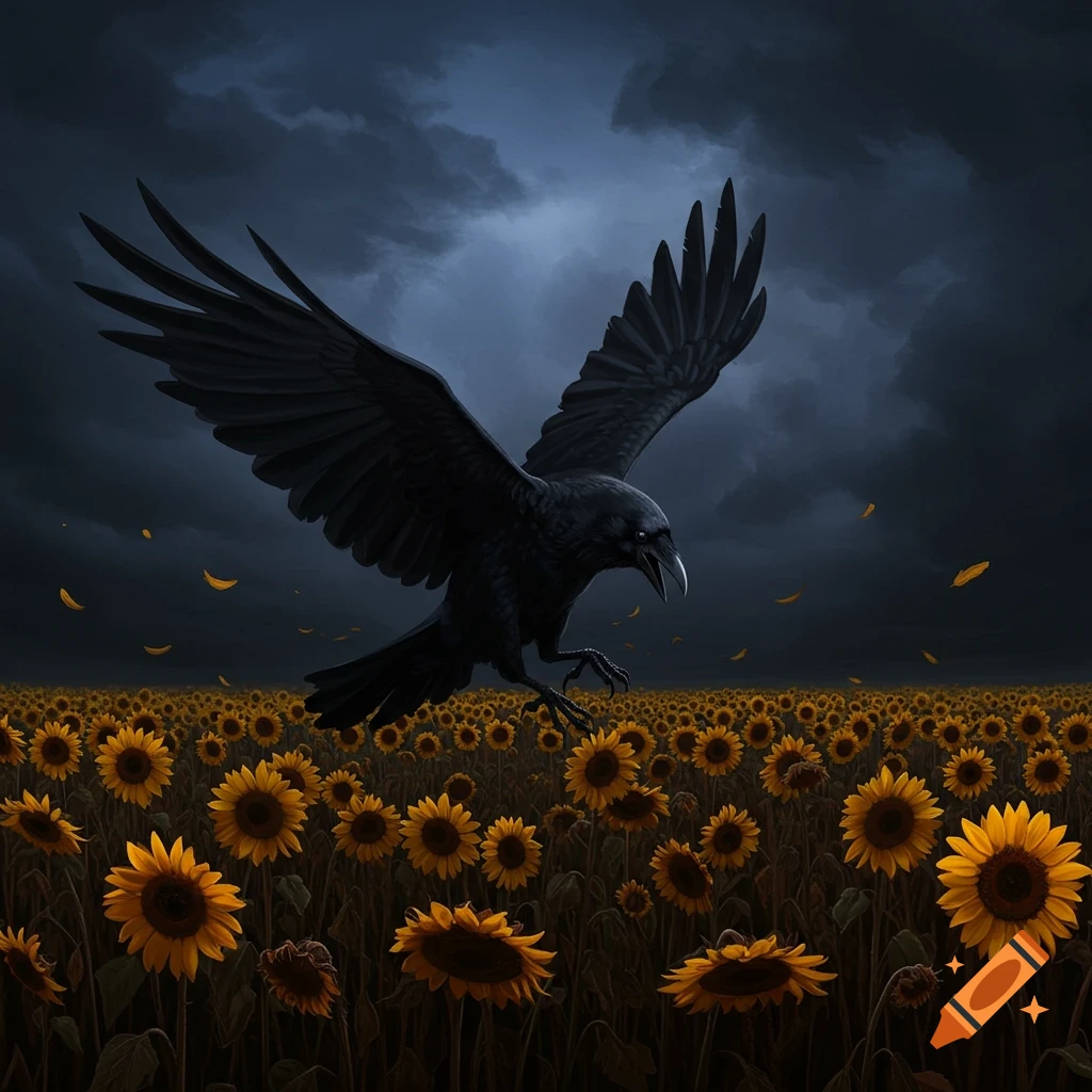 A black crow flies over a field of sunflowers under a dramatic stormy sky.