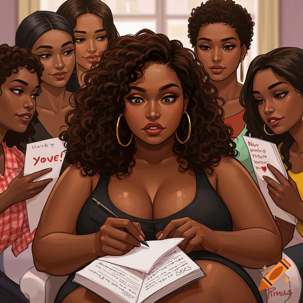 A Black woman writing notes, surrounded by other women offering advice.