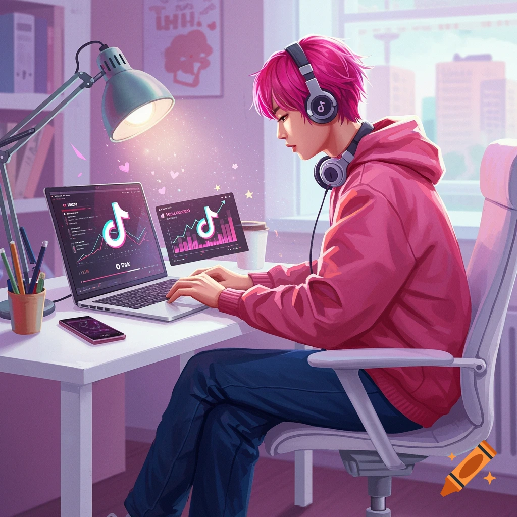 Person with pink hair working on a laptop showing social media stats.