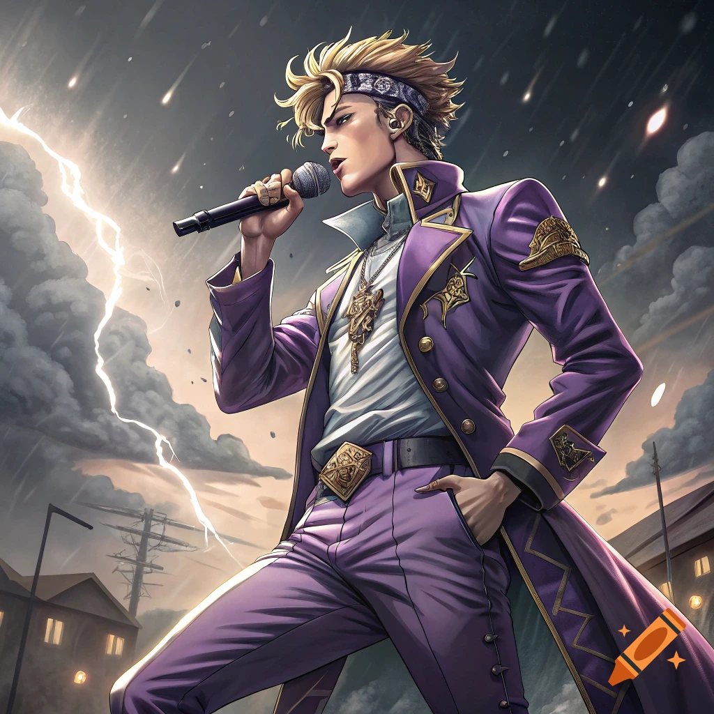 Anime style character singing into a microphone during a storm.