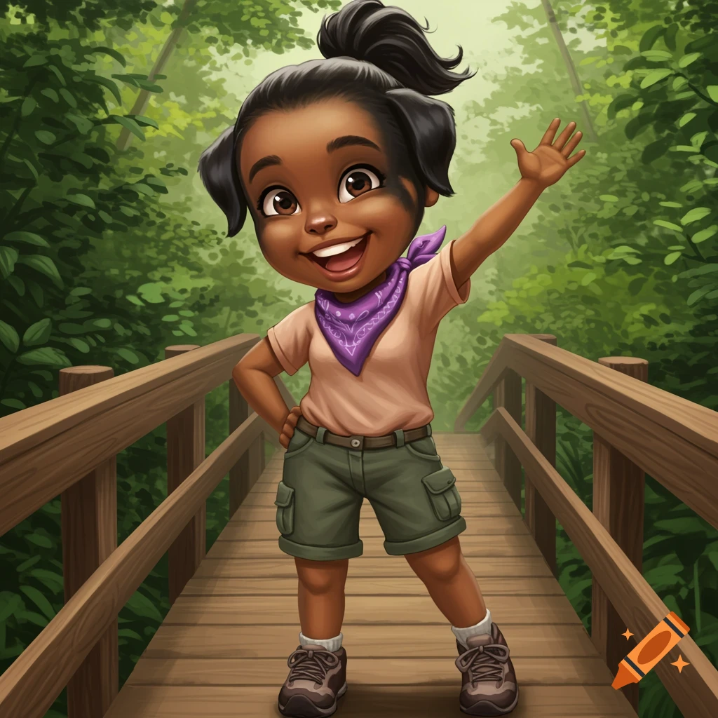A smiling girl in a forest on a bridge, wearing a purple bandana, shorts, and hiking shoes.
