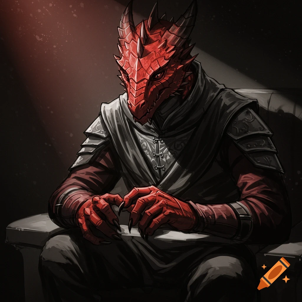 Red dragonborn character sits, looking at hands, dark fantasy sketch style.