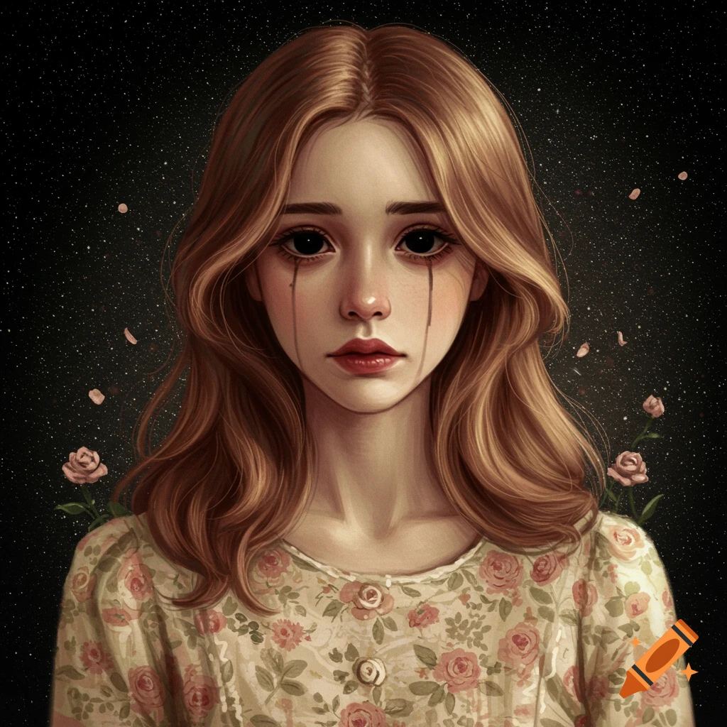 a-young-woman-with-black-eyes-and-tears-wearing-a-floral-dress