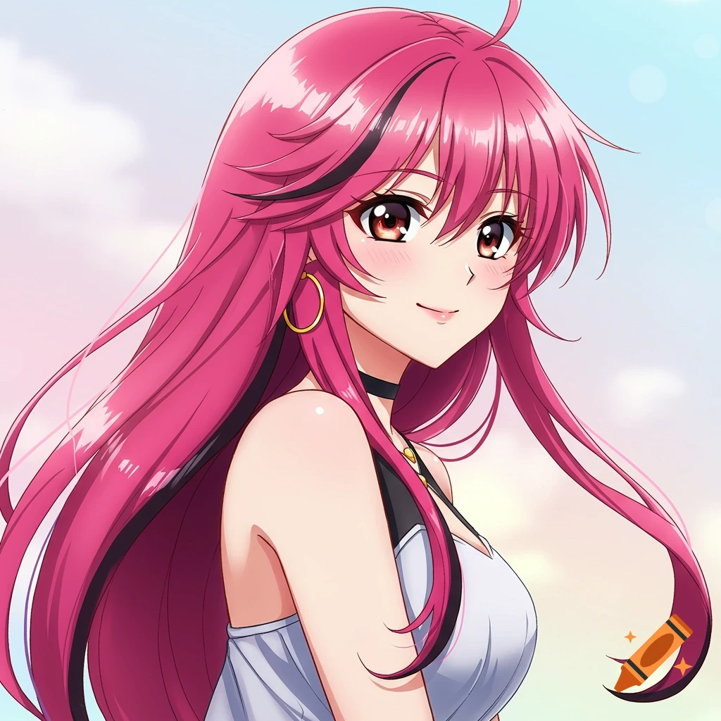 Anime portrait of a girl with long pink hair and brown eyes smiling against a sky background.