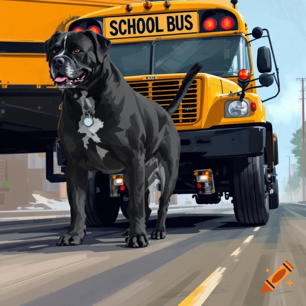 A large black dog stands in front of a yellow school bus.