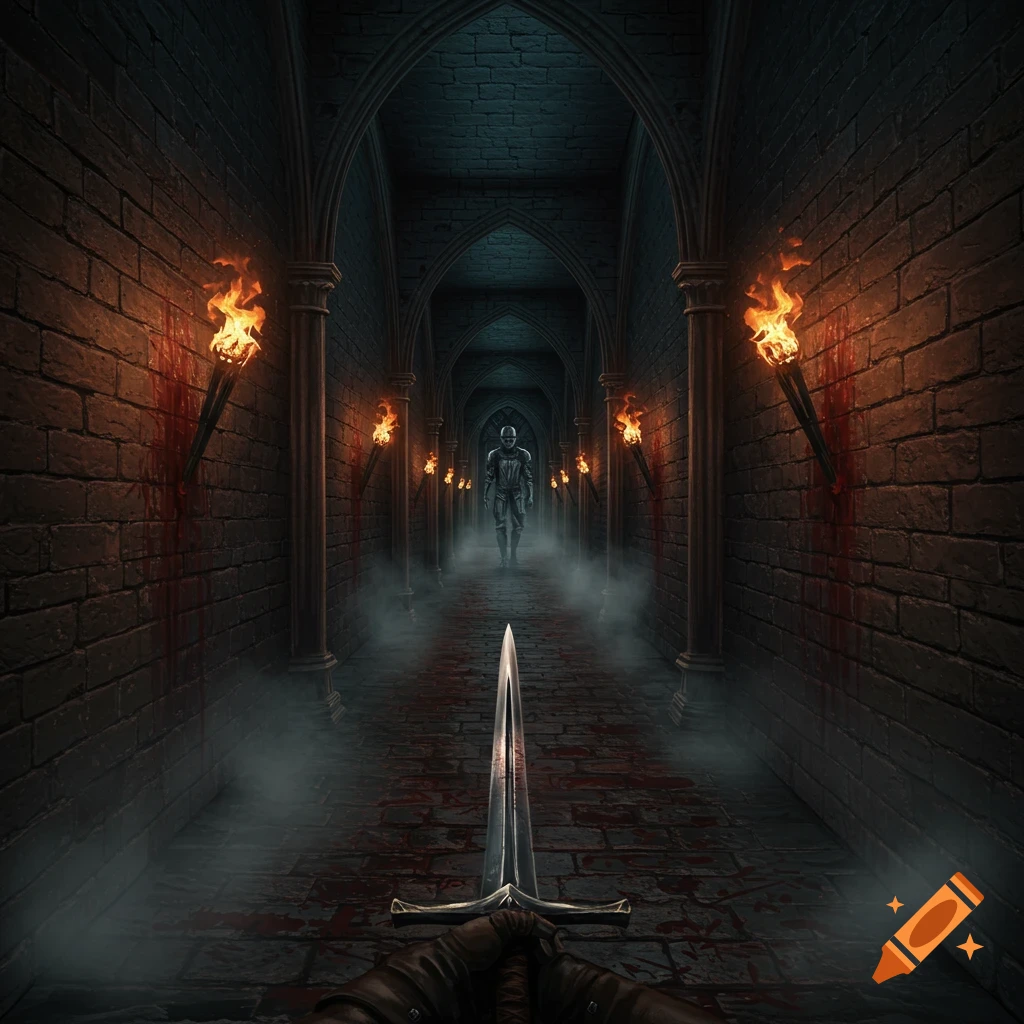 First-person view of a sword in a dark, bloody medieval hallway with torches and a figure in the distance.