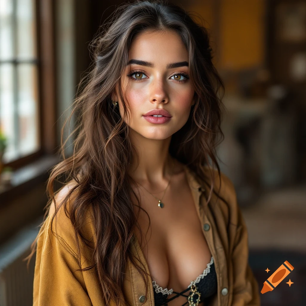 Close-up portrait of a woman with long brown hair and brown eyes wearing a brown jacket.