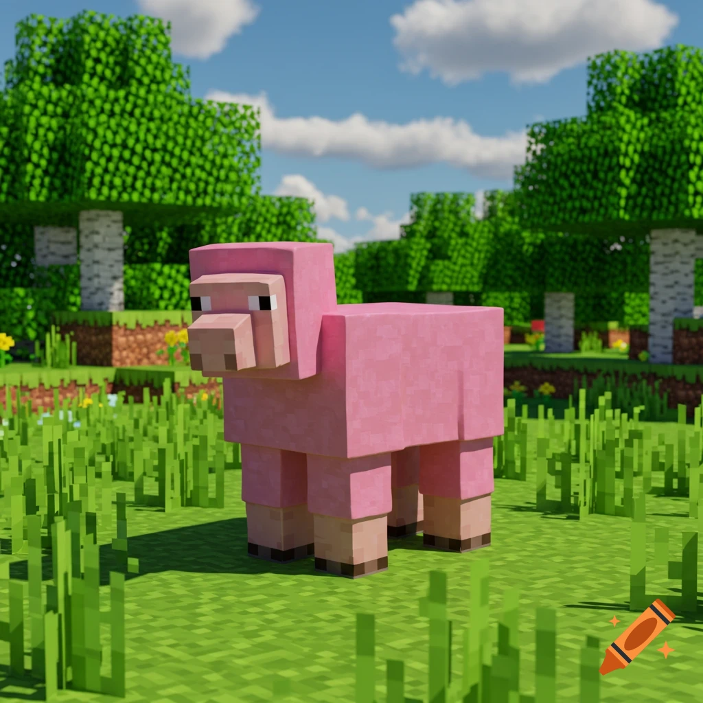 A pink blocky sheep stands in a green field in the style of Minecraft.