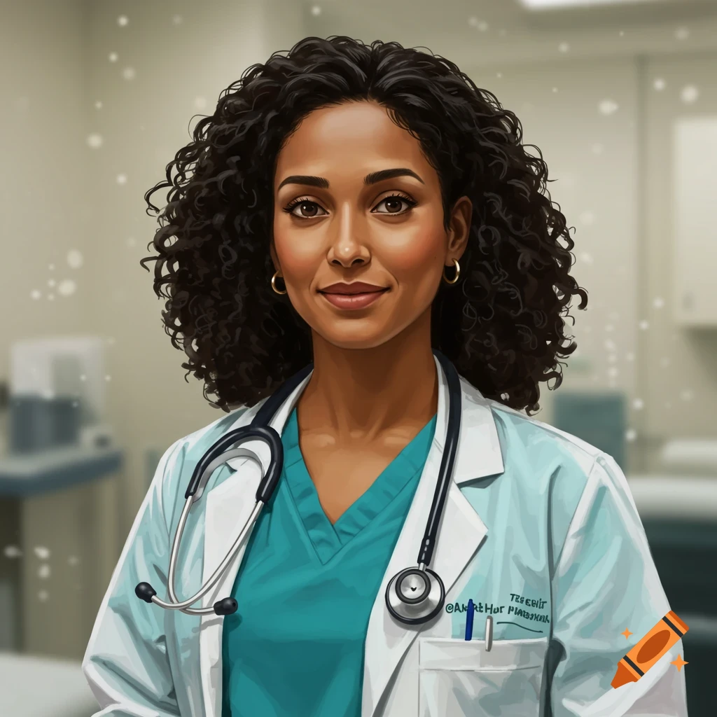 Painting of a female doctor with curly hair wearing a lab coat and stethoscope.
