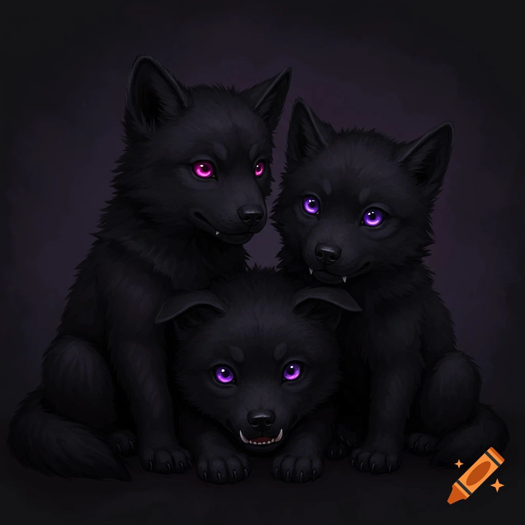 Three black werewolf or demon puppies with glowing purple and pink eyes.