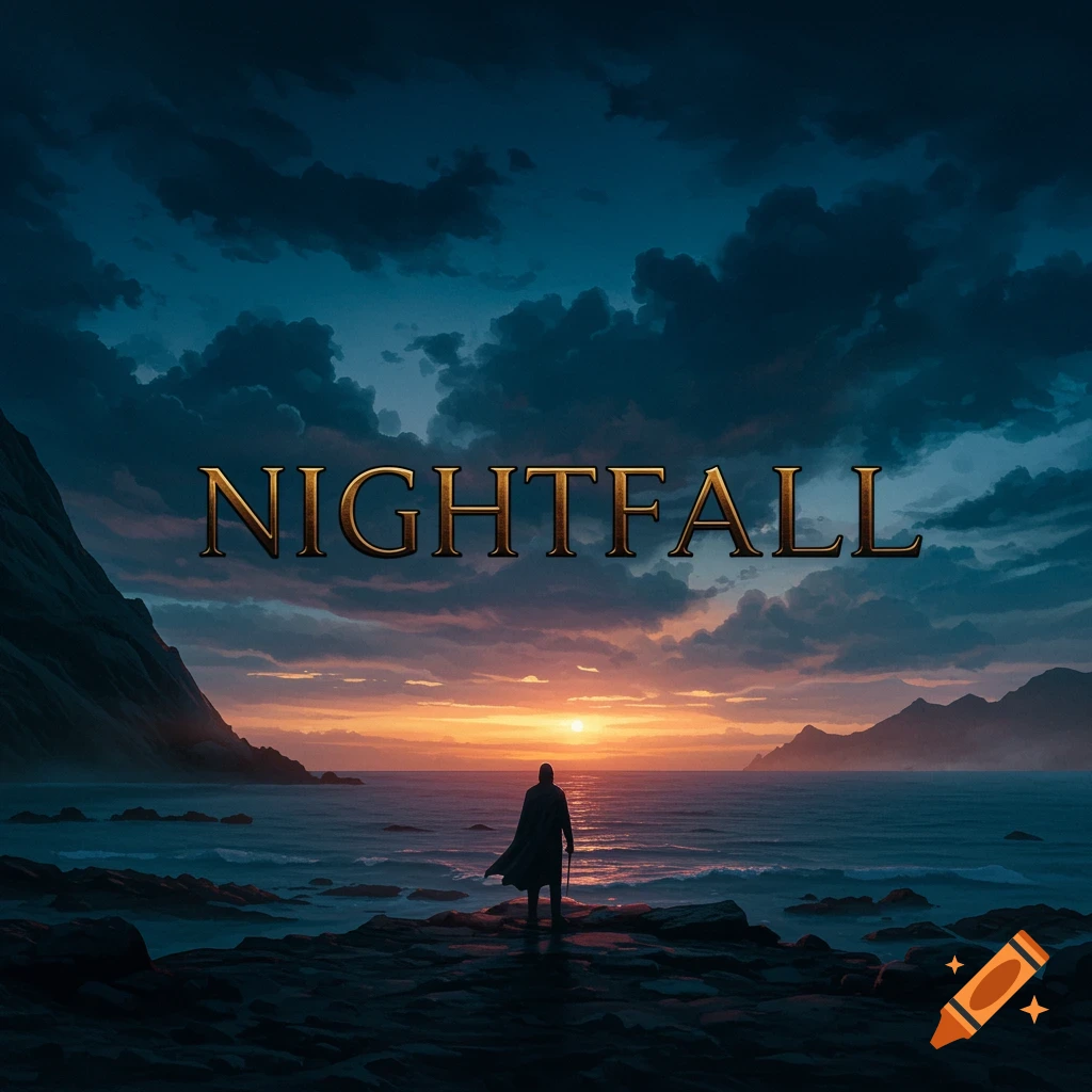 Figure on a rocky shore watching a stormy sunset over the sea with the title NIGHTFALL.