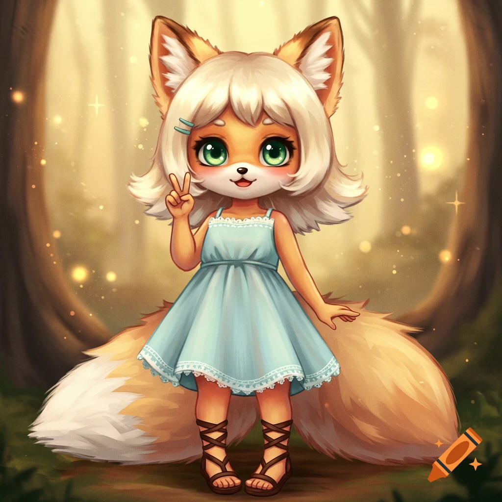 A cute anthropomorphic fox girl in a blue dress makes a peace sign in a forest.