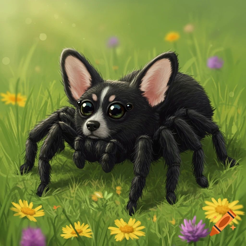 A cute, furry black spider with a dog's face and ears sits in a grassy meadow among flowers.