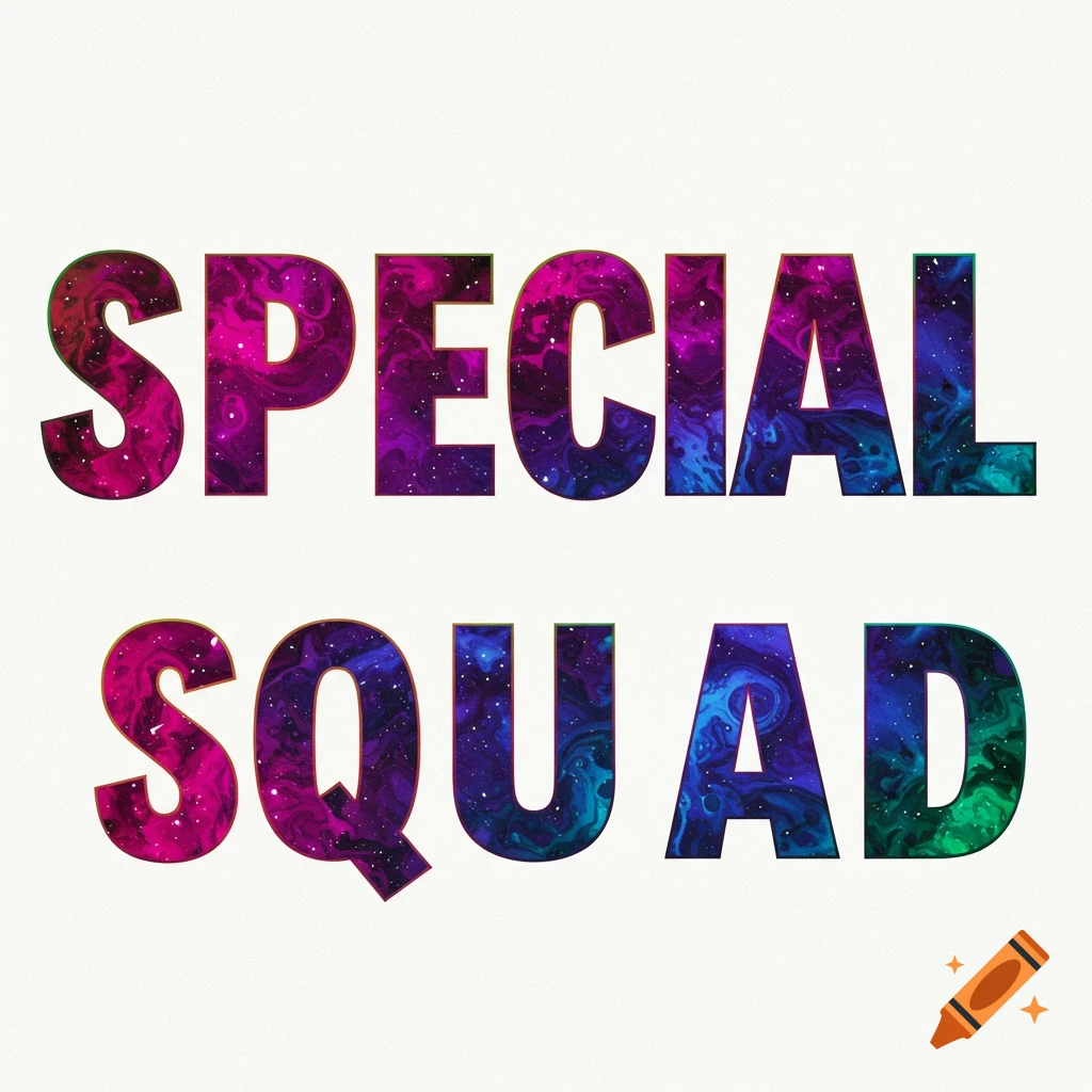 Text 'SPECIAL SQUAD' filled with a vibrant galaxy-like pattern on a white background.