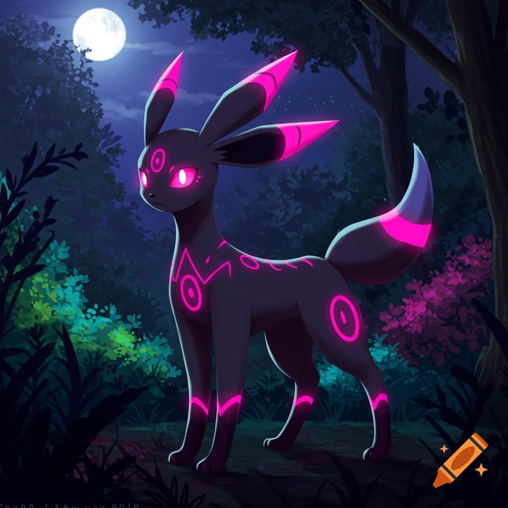 A dark creature resembling Umbreon with pink glowing markings stands in a forest at night under a full moon.
