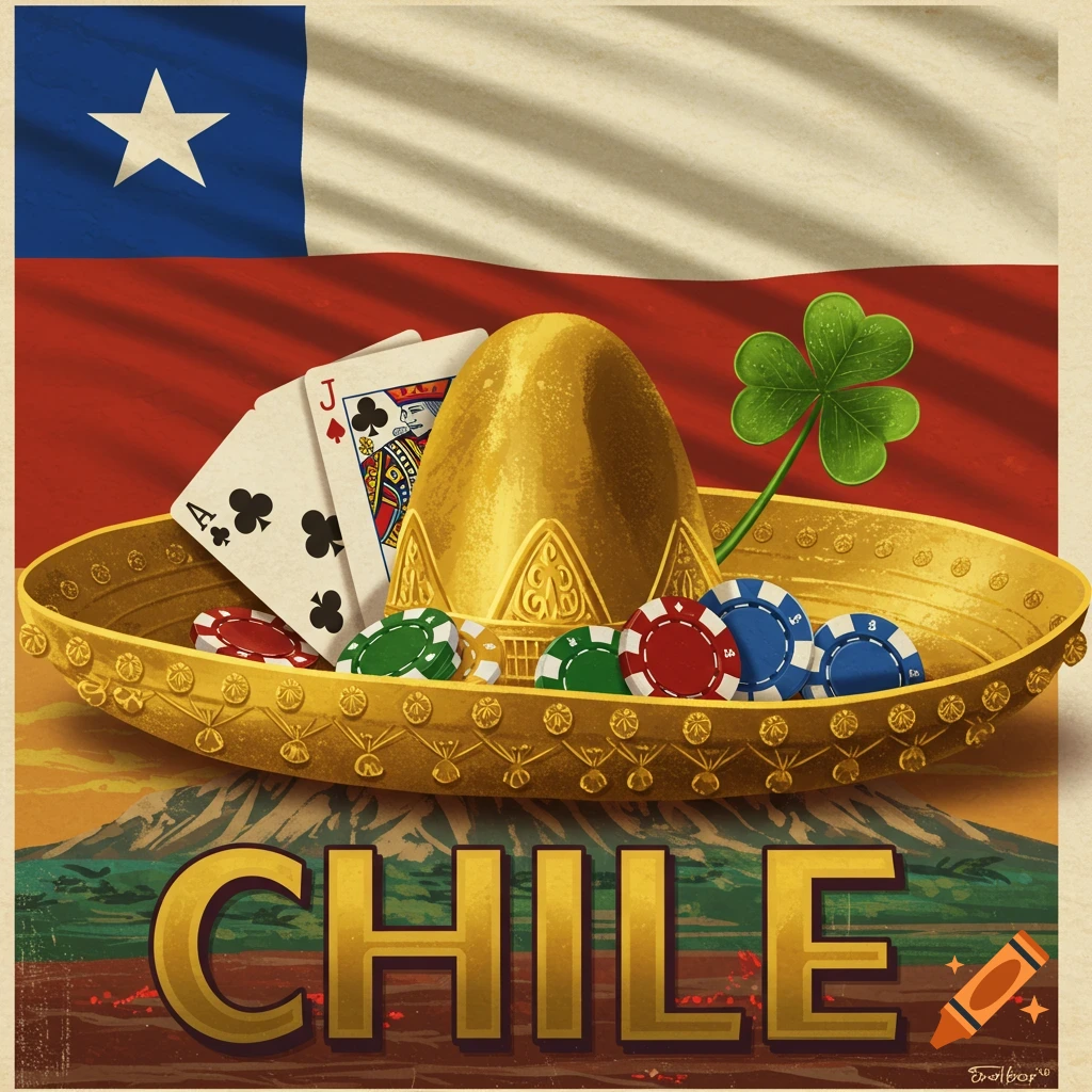 A gold sombrero with poker cards, chips, and a clover against the Chilean flag, mountains, and text 'CHILE'.