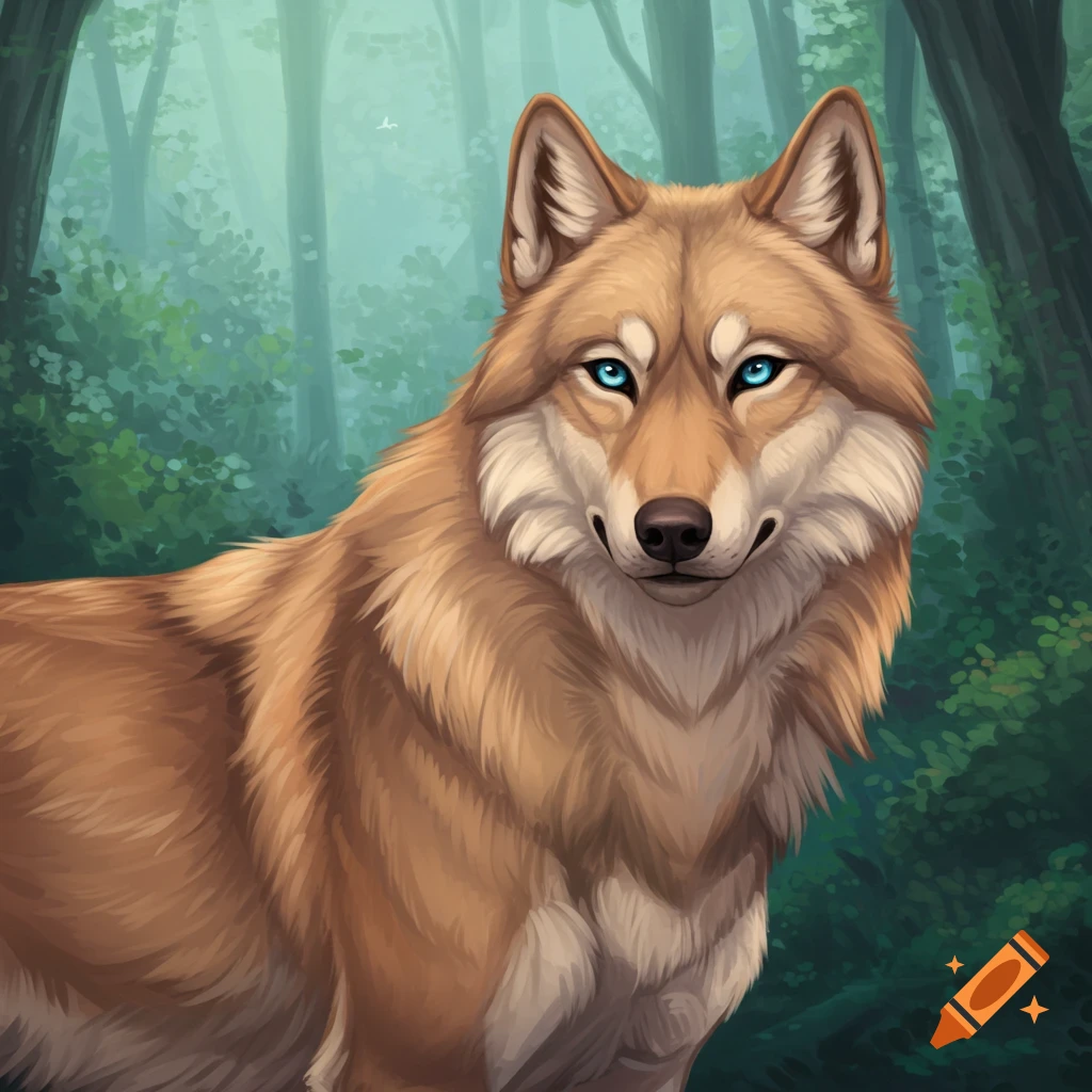 A light brown wolf with blue eyes in a misty forest.