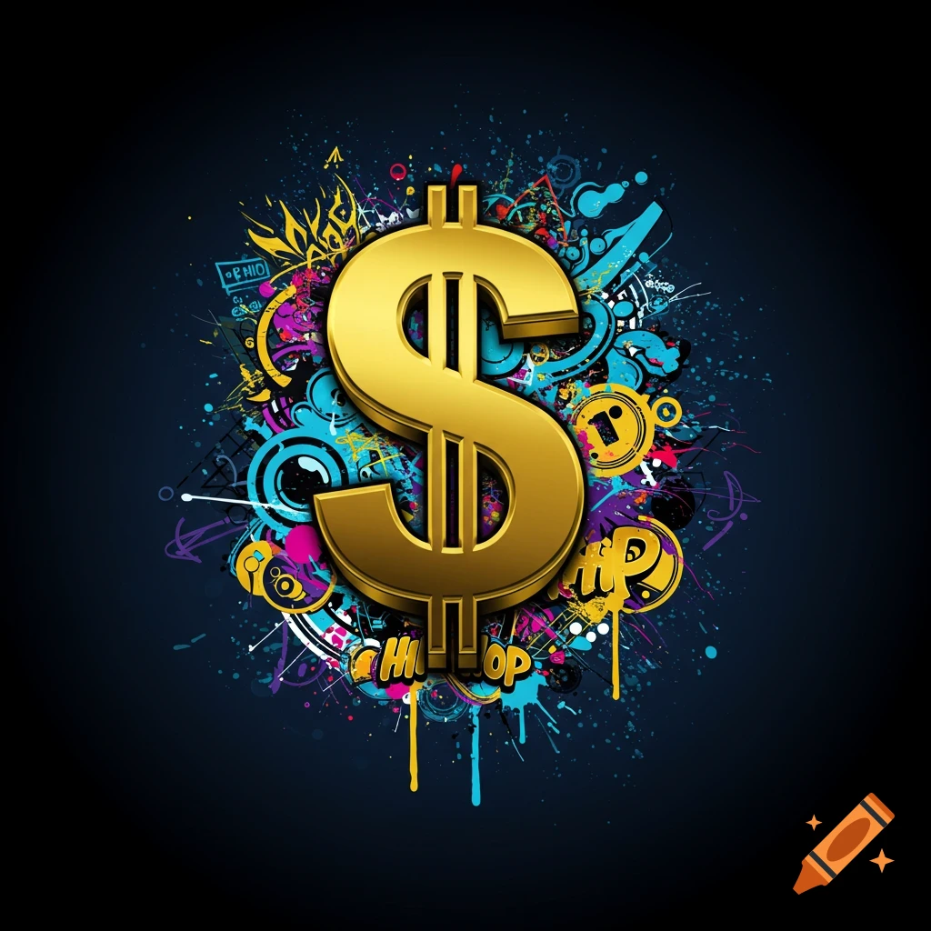 Golden dollar sign over colorful abstract graffiti and hip hop art.