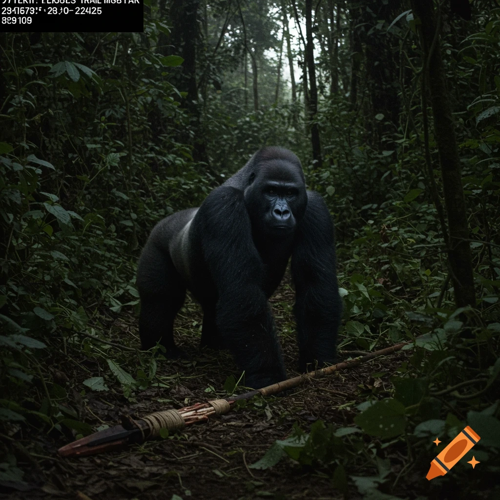 A gorilla stands in a dark forest next to a spear.