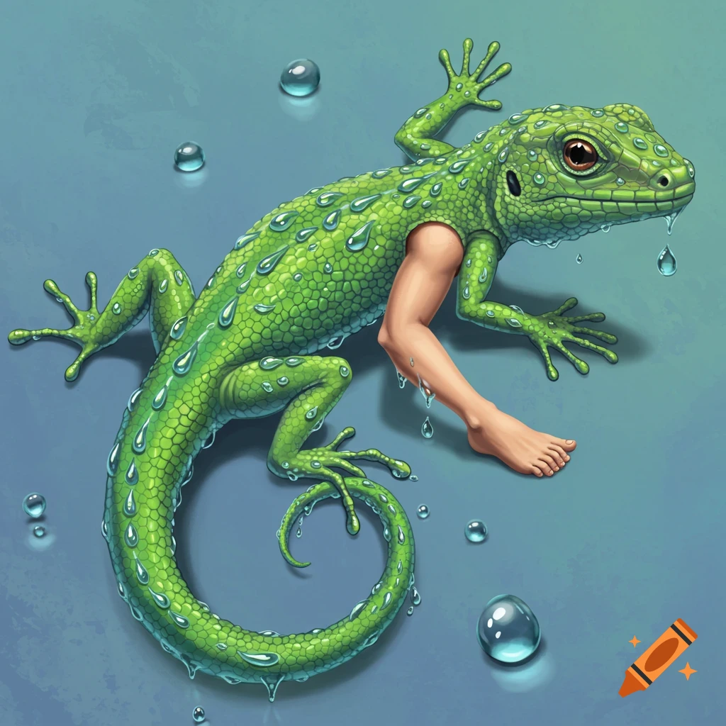 A green lizard with human limbs and water drops