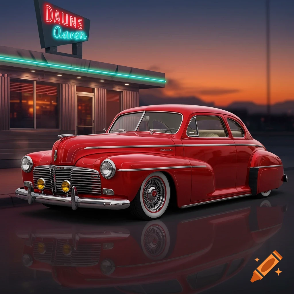 A red vintage lowrider car parked in front of a diner sign at sunset.