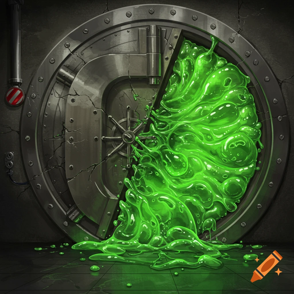 A large steel vault door is cracked open with bright green slime oozing out onto the floor.
