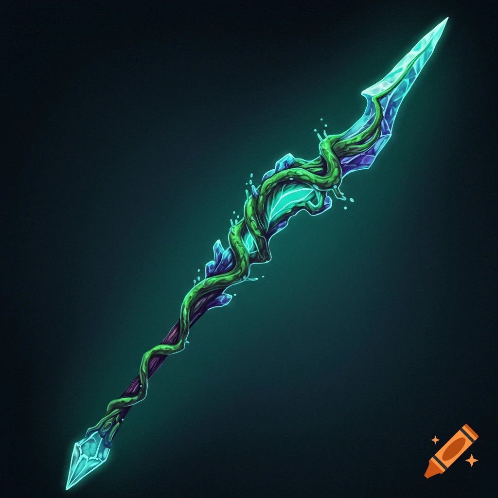 A glowing fantasy lance wrapped in green vines and crystal.