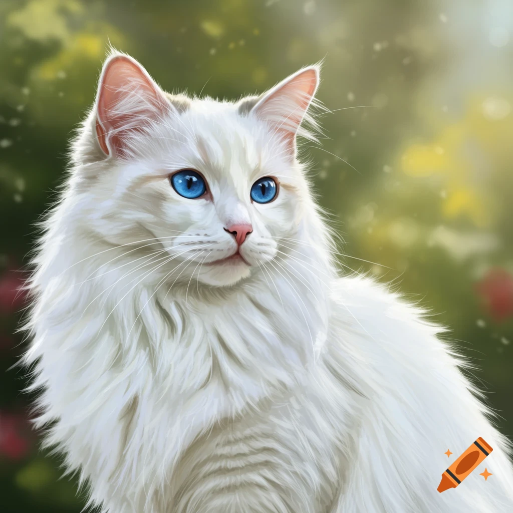 A white long-haired cat with bright blue eyes is looking away.