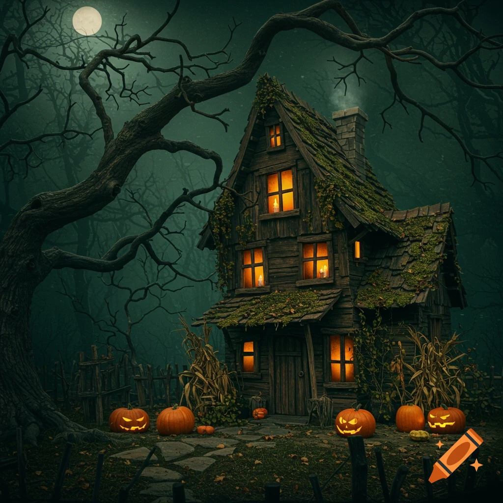 A spooky, moss-covered house in a dark forest under a full moon with jack-o'-lanterns