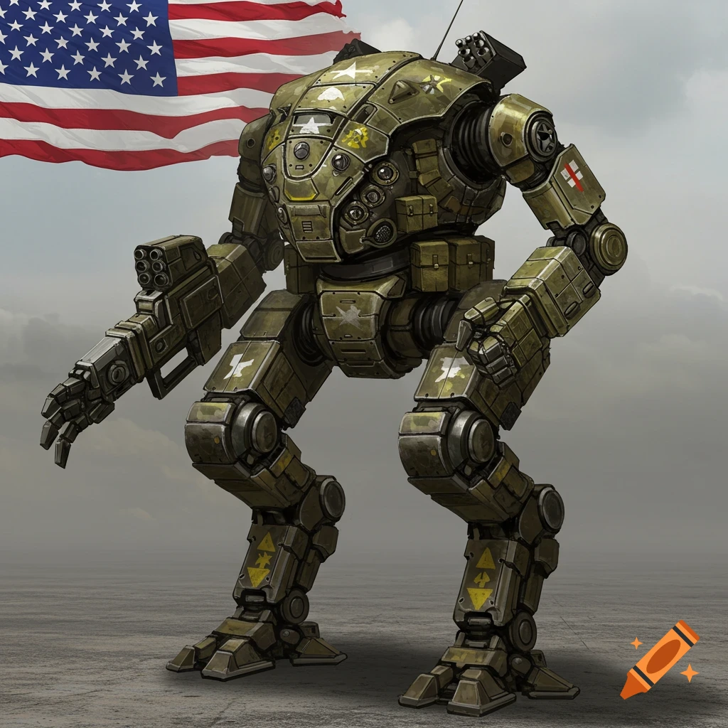 A green military-style mech standing in front of a large American flag.
