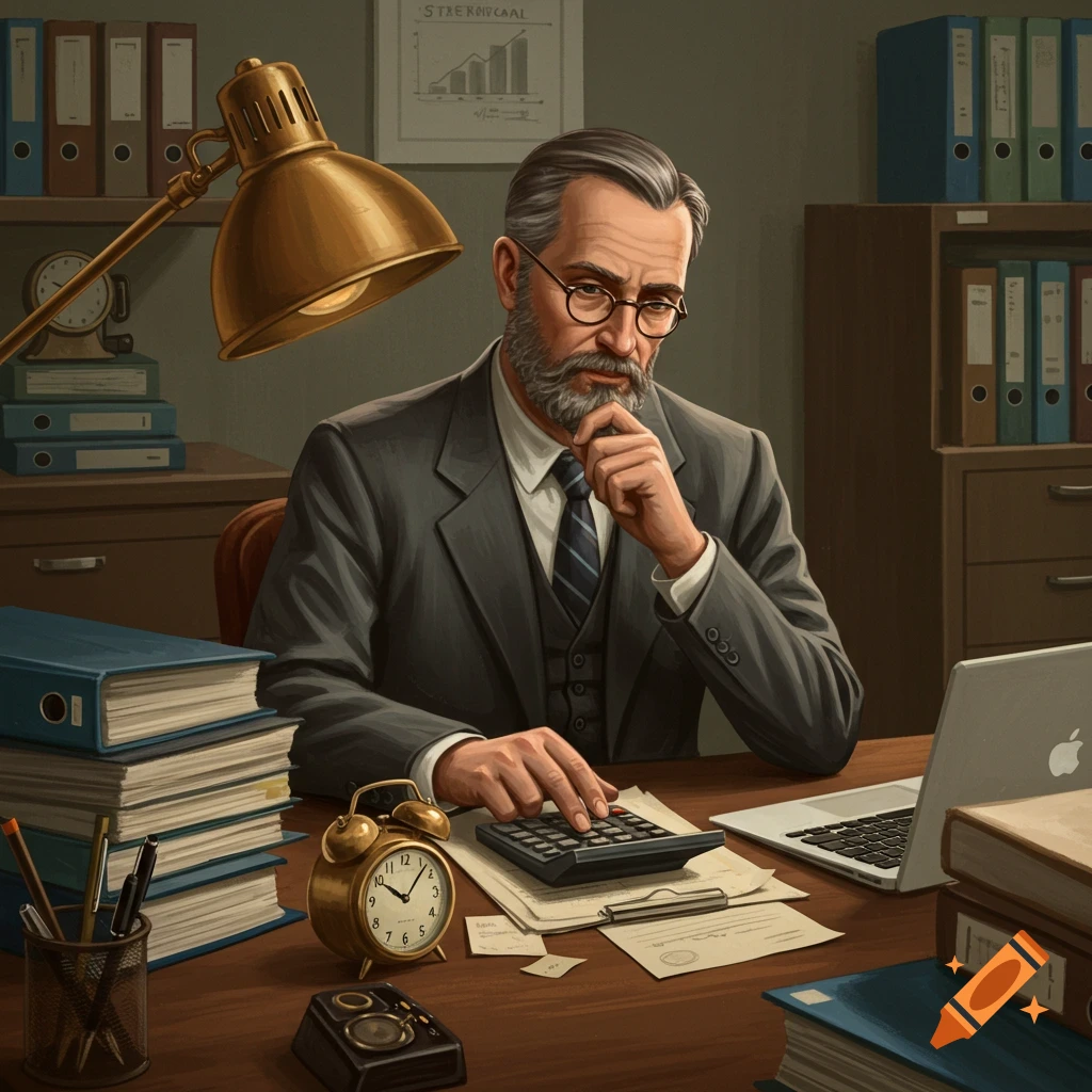 An older man is working at a desk in an office.
