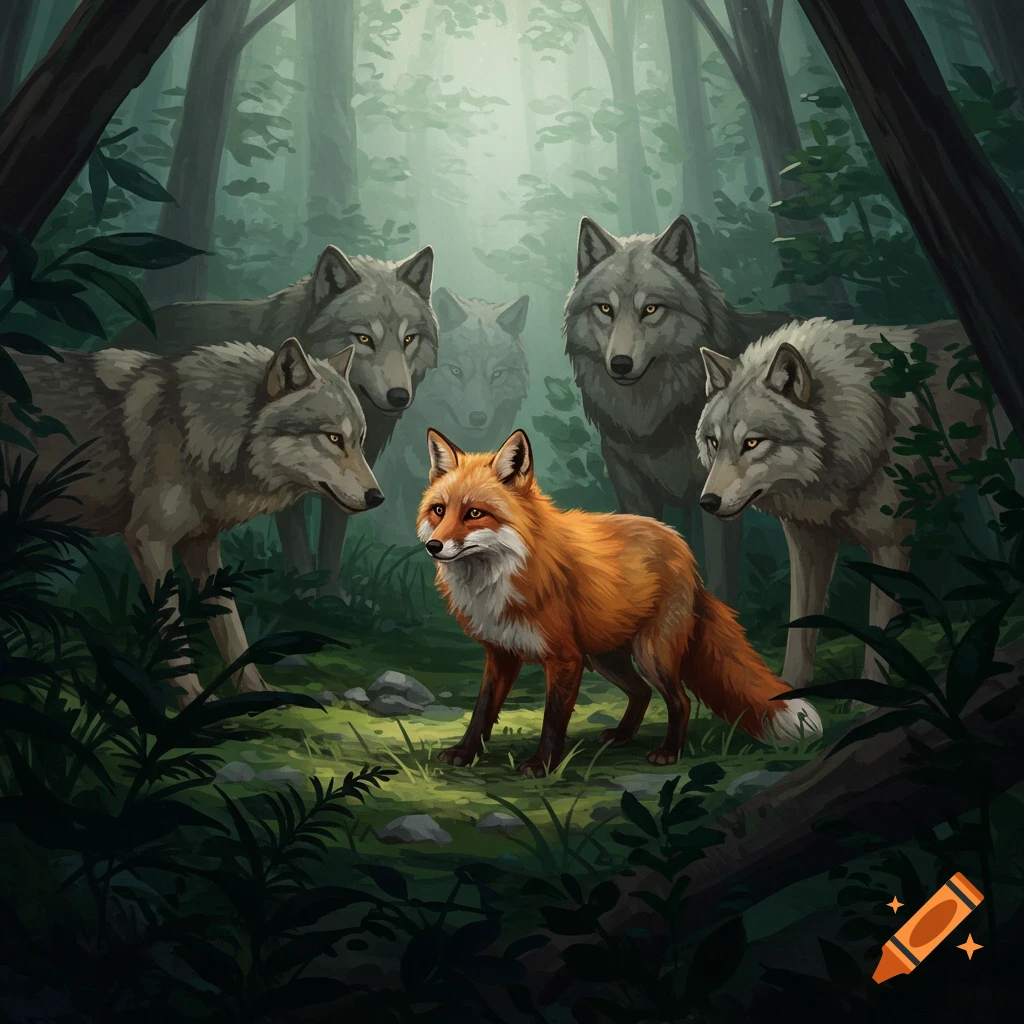 A fox stands surrounded by wolves in a forest.