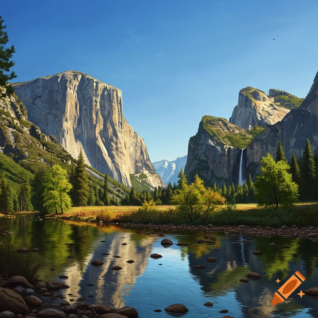 A depiction of Yosemite Valley with El Capitan, river, and waterfall under a clear sky.