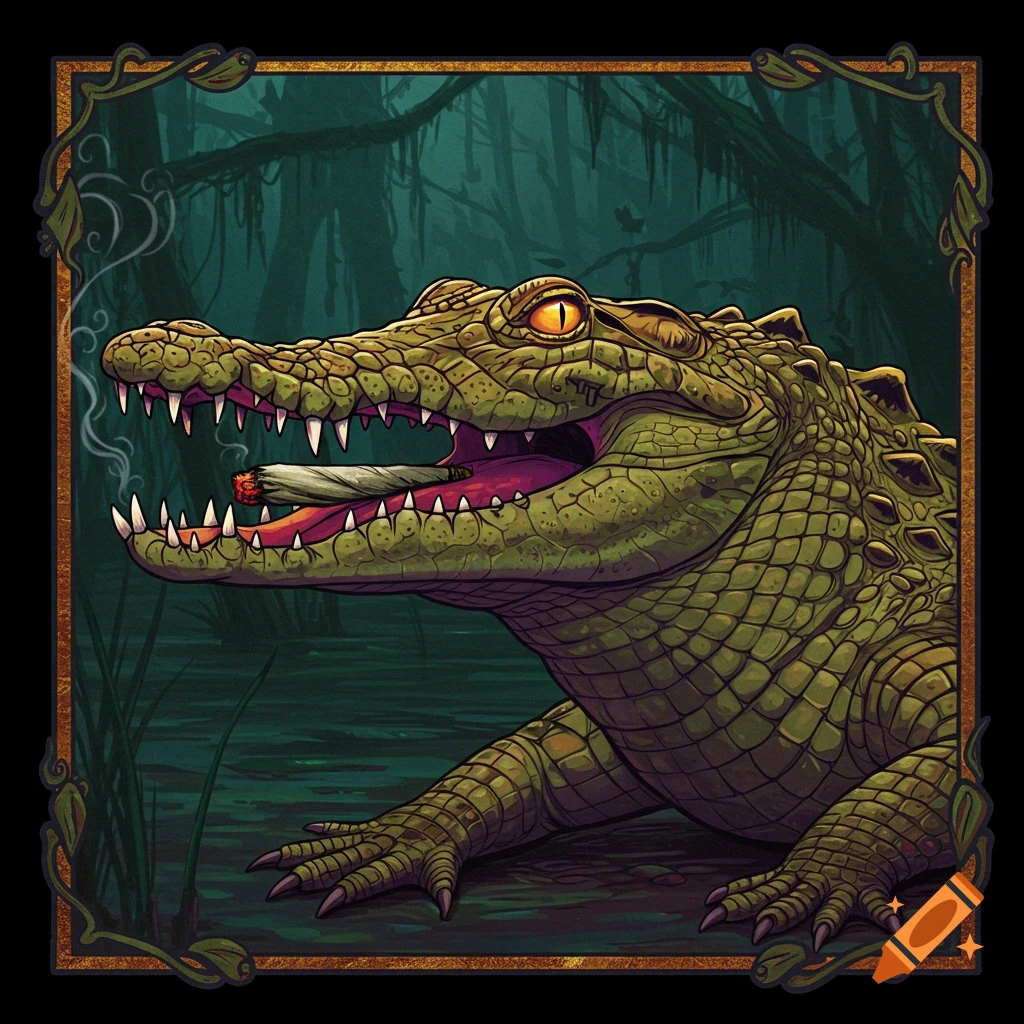 A crocodile smoking a blunt in a swamp.