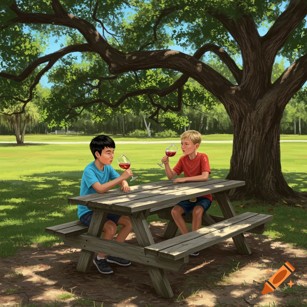 Two young boys drinking red wine at a picnic table under a large tree in a sunny park.