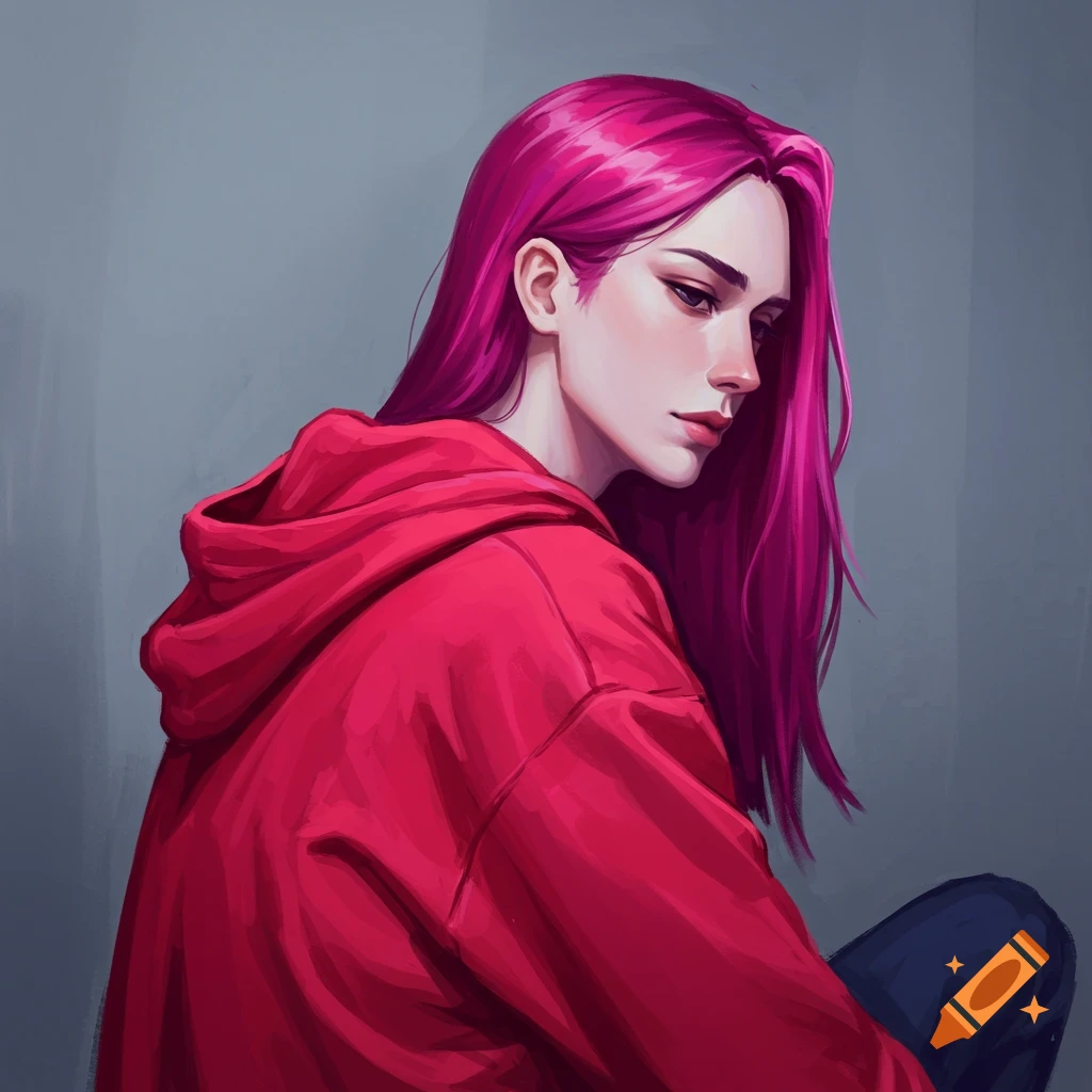 A person with vibrant pink hair wearing a red hoodie, looking down.