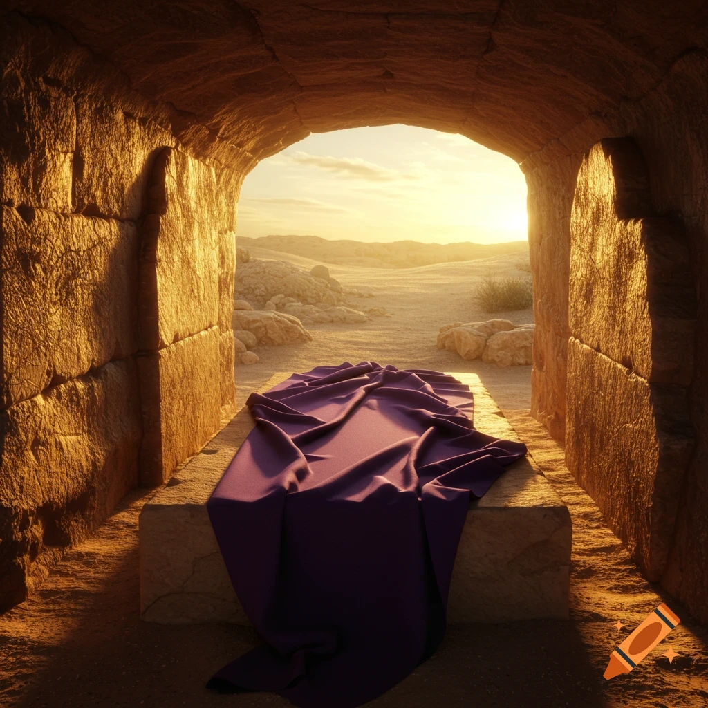 Empty tomb entrance looking out to a desert sunrise, with a purple cloth draped over a stone slab.