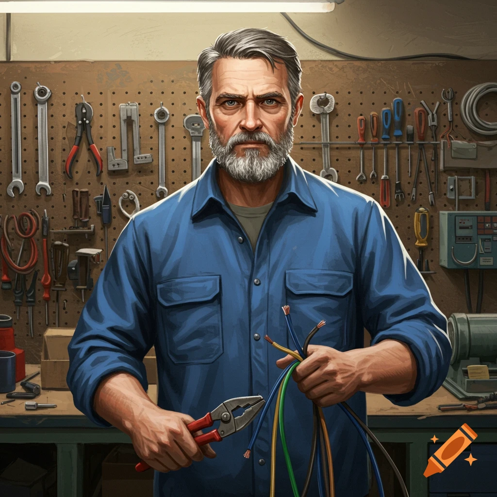 Man holding wires and pliers in a workshop.
