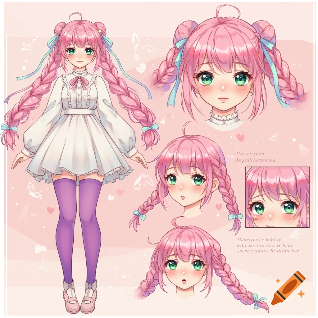 Anime character sheet of a pink-haired girl with green eyes in a white dress and purple tights.