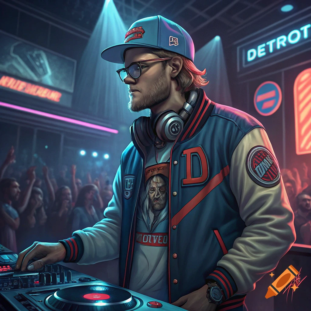 Digital art portrait of a male DJ with headphones and hat playing music in a dimly lit club.