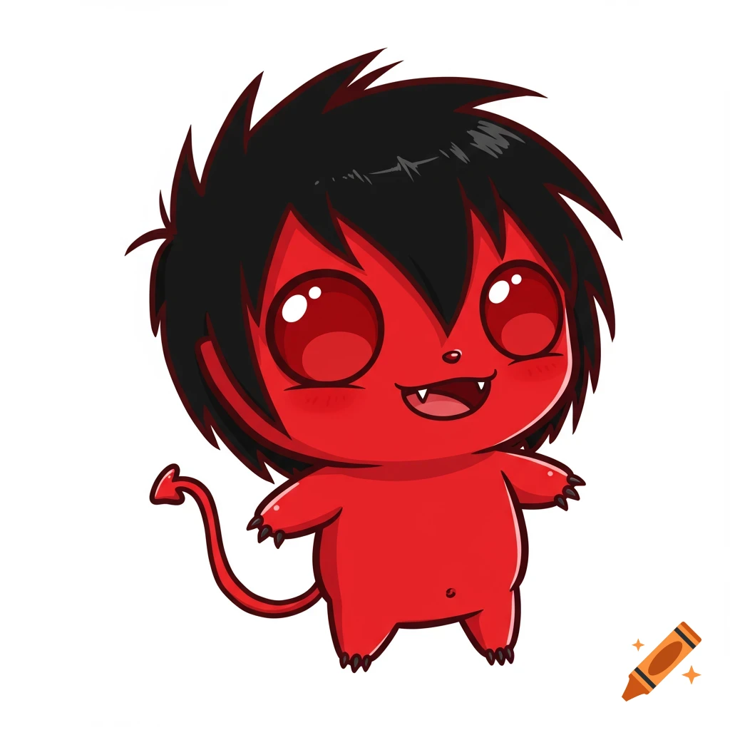 Cute red cartoon creature with black emo hair, big eyes, fangs, and a tail, vector art