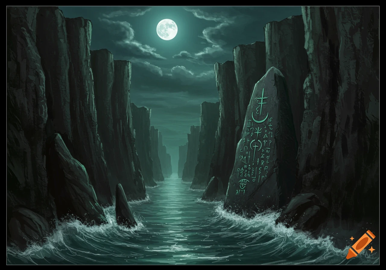 A dark, fantasy landscape with towering cliffs, a river, and a monolith covered in glowing symbols under a full moon.
