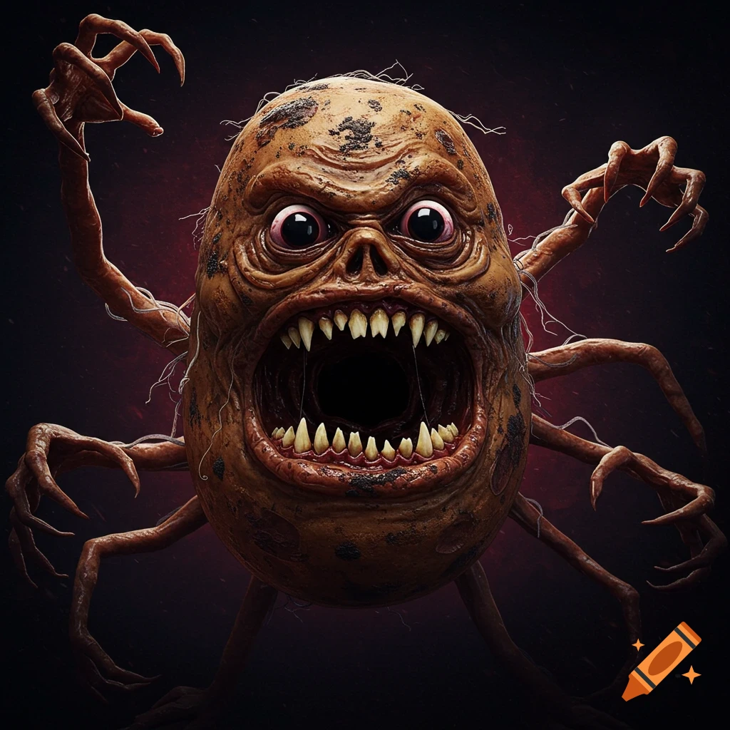 A creepy potato monster with sharp teeth, multiple arms, and large eyes against a dark background.