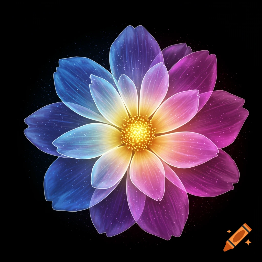A glowing, translucent flower with blue, purple, pink, and yellow petals against a black background.