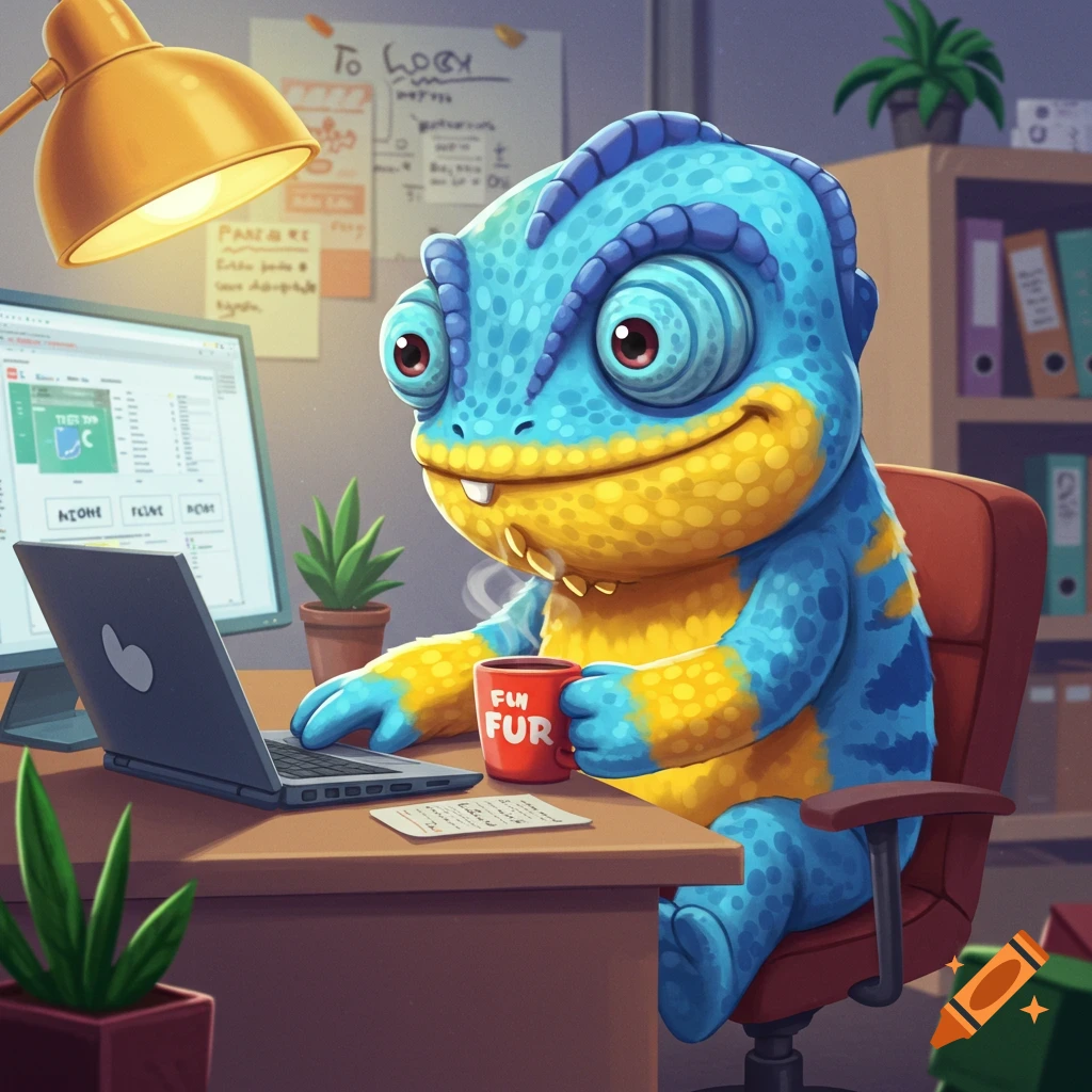 A blue and yellow cartoon chameleon sits at a desk, working on a laptop and holding a mug.