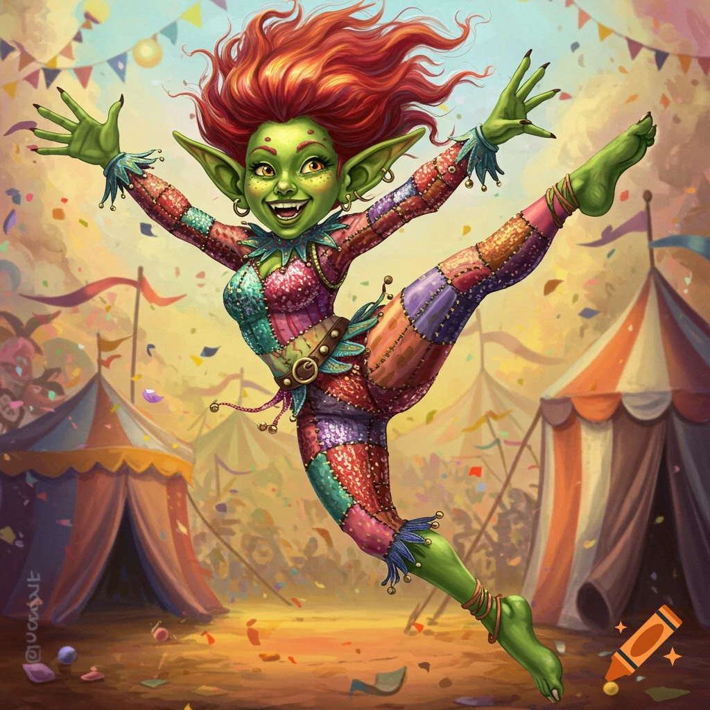A green female goblin in a colorful patchwork circus costume is shown leaping in the air at a circus.