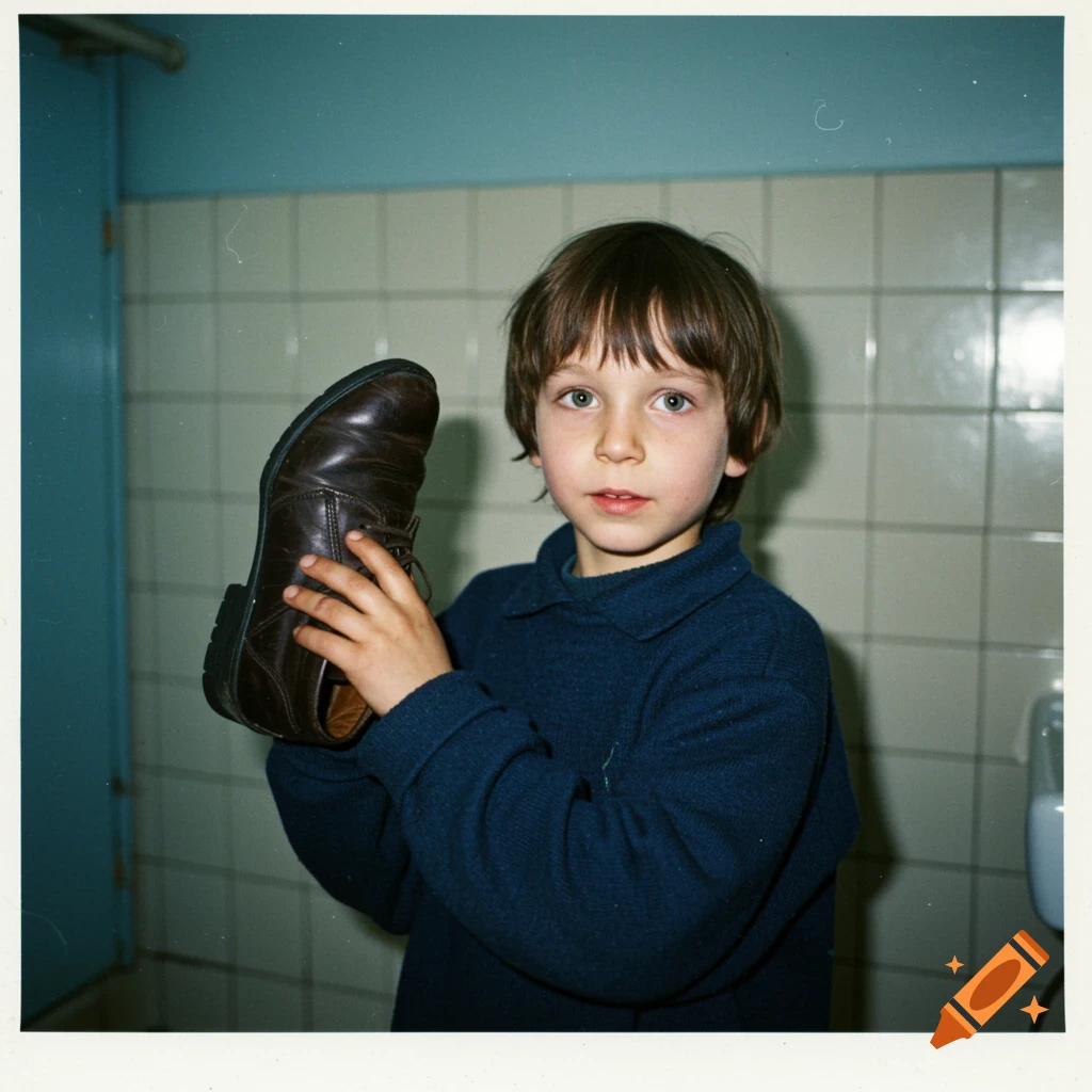 Young boy holding a shoe in a vintage 90s photo style