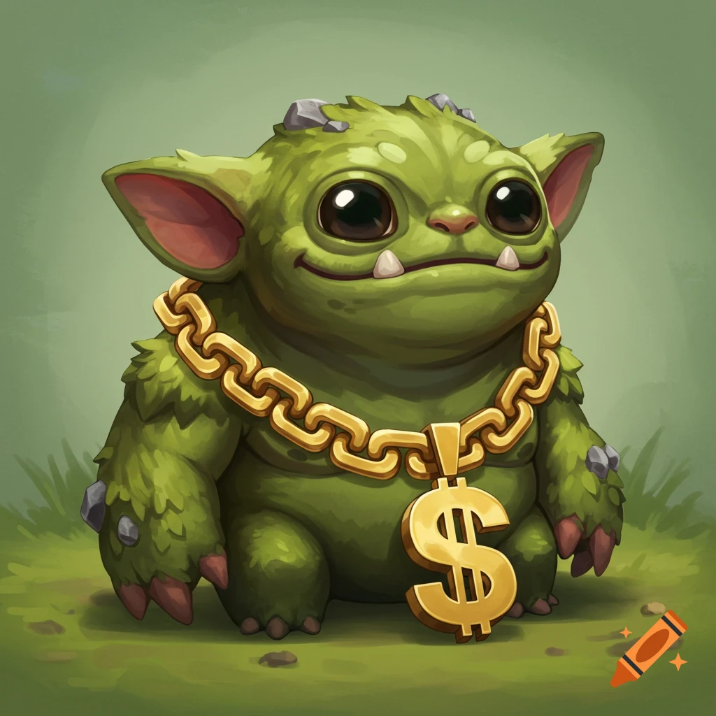 Cartoon green furry monster wearing a gold chain with a large dollar sign pendant.