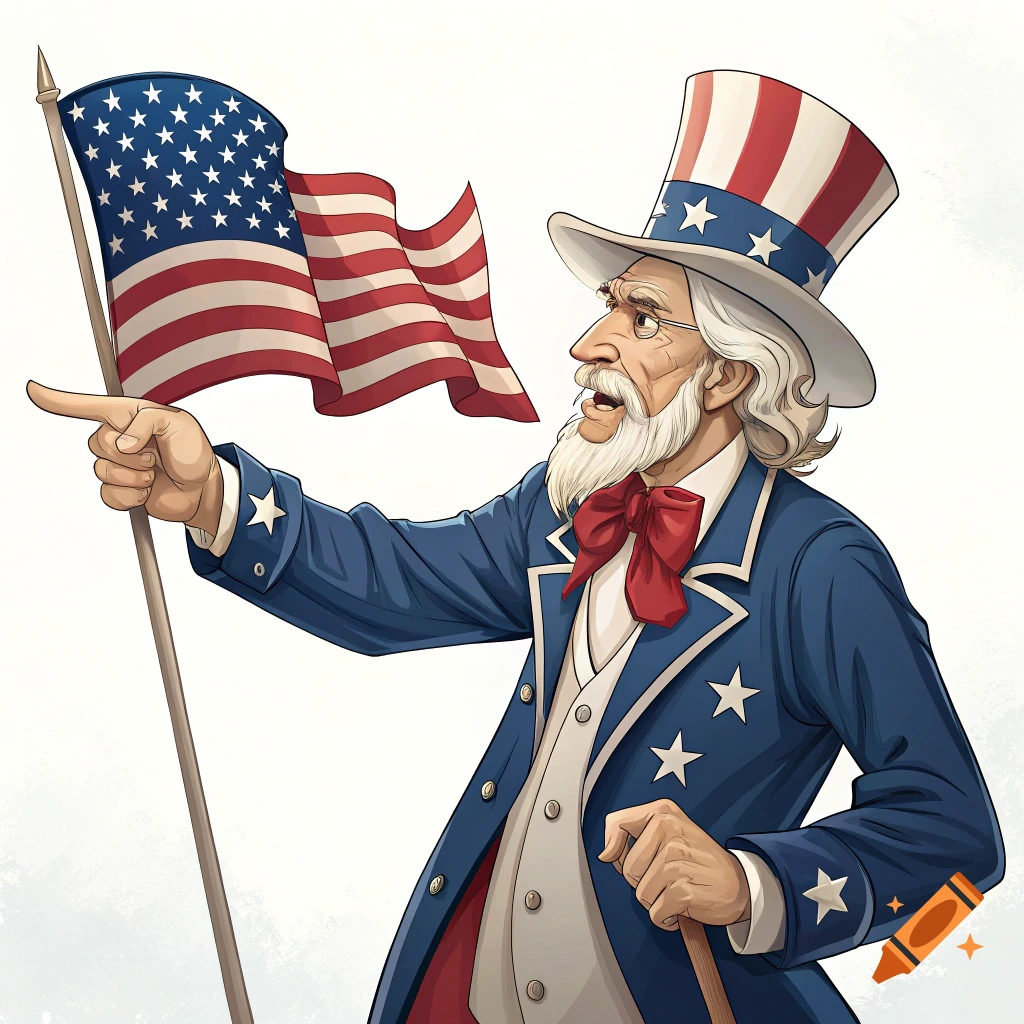 Illustration of Uncle Sam pointing and holding an American flag.